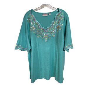 Quacker Factory Y2K Embroidered Knit Top Teal Floral Scalloped Neckline 1X